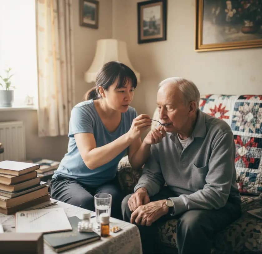 A female carer feeds an elderly man medicine