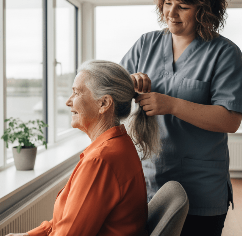 A carer helps an elderly woman doing her hair